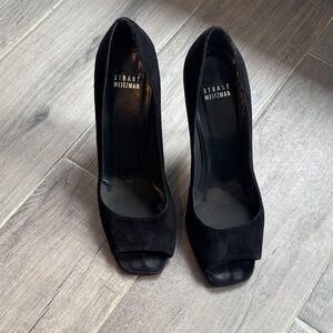 Stuart Weitzman Suede Black Peep-Toe Heels